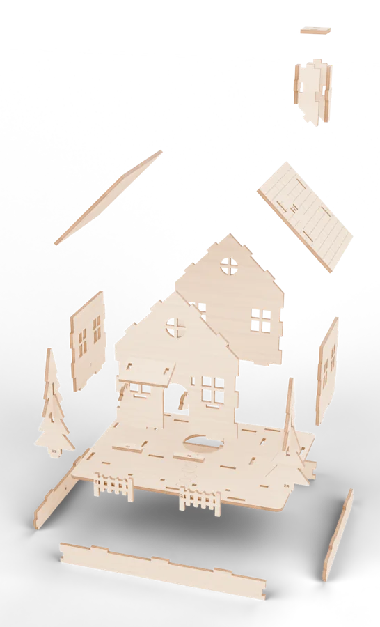 The 27 laser-cut parts of the Snowfall Lantern Cottage, a MocMakes 3D file, assembling into the finished house