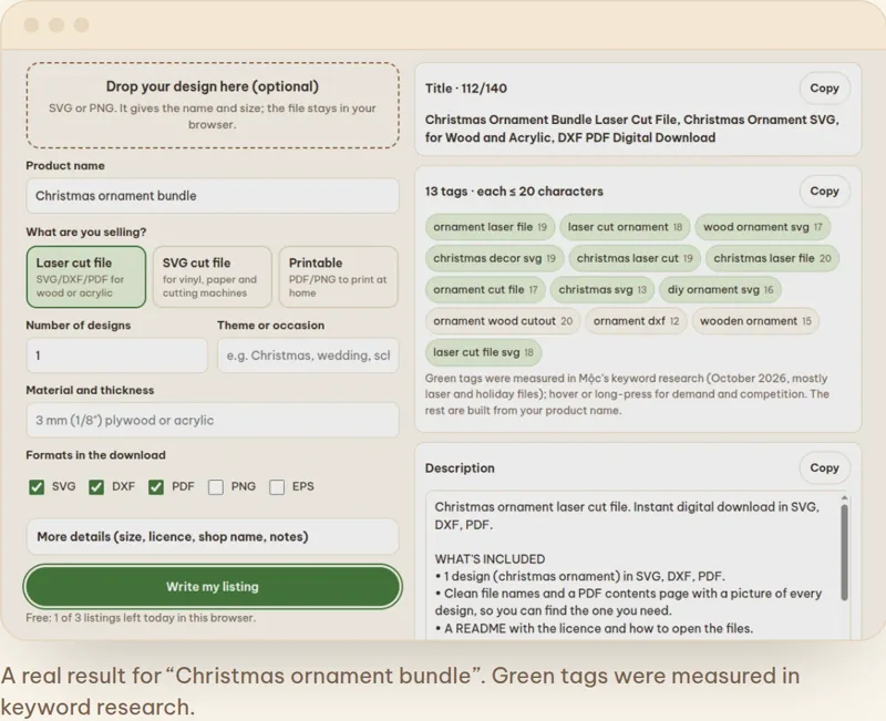 The listing writer with a product form and the generated title, tags and description