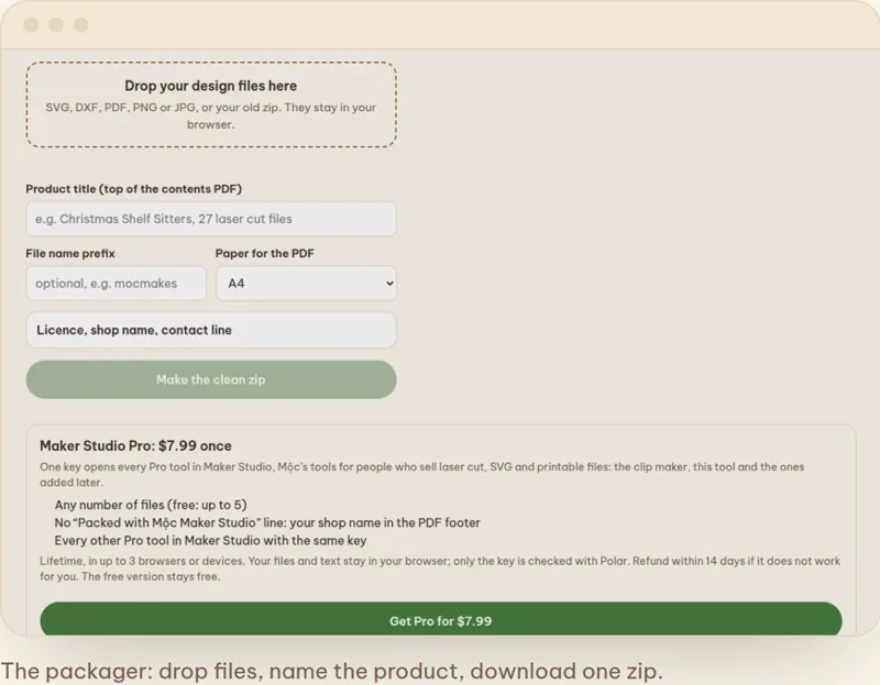 The clean packager form with a drop zone and paper size