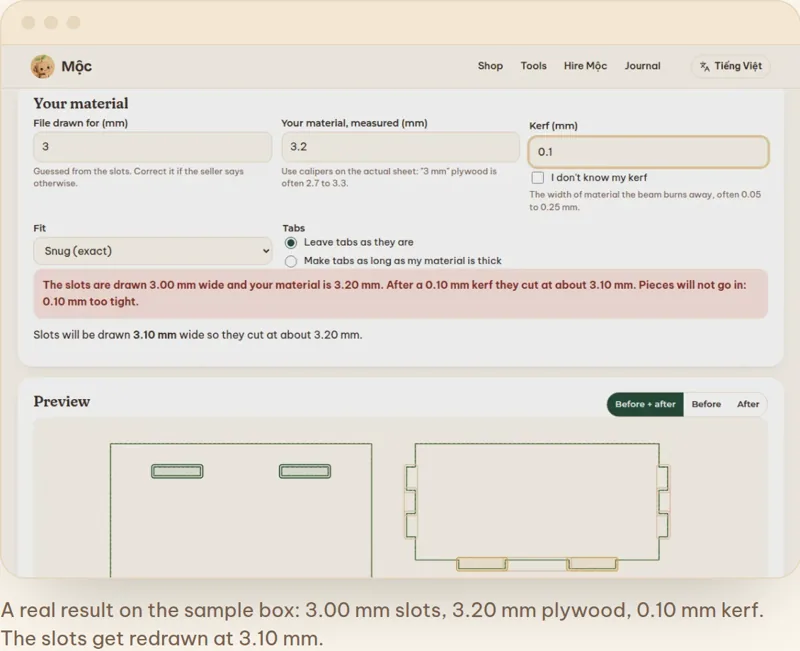 The slot fit adjuster listing the slots it found, with a before and after zoom